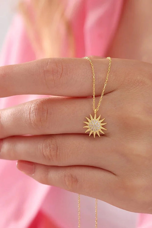 925 Sterling Silver Gold Plated Sun Pendant Necklace with White Zircon