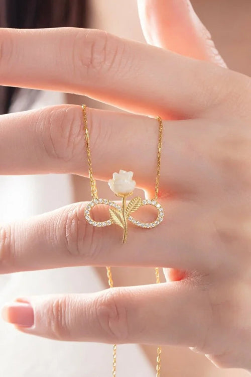 925 Sterling Silver Gold Plated White Rose Infinity Necklace with