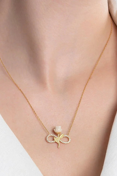 925 Sterling Silver Gold Plated White Rose Infinity Necklace with