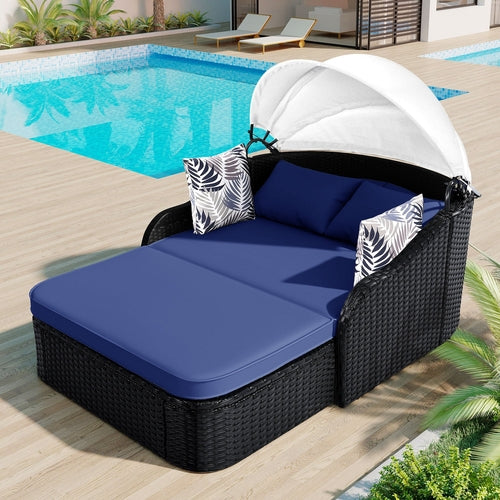 79.9' Outdoor Sunbed with Adjustable Canopy, Double lounge, PE Rattan